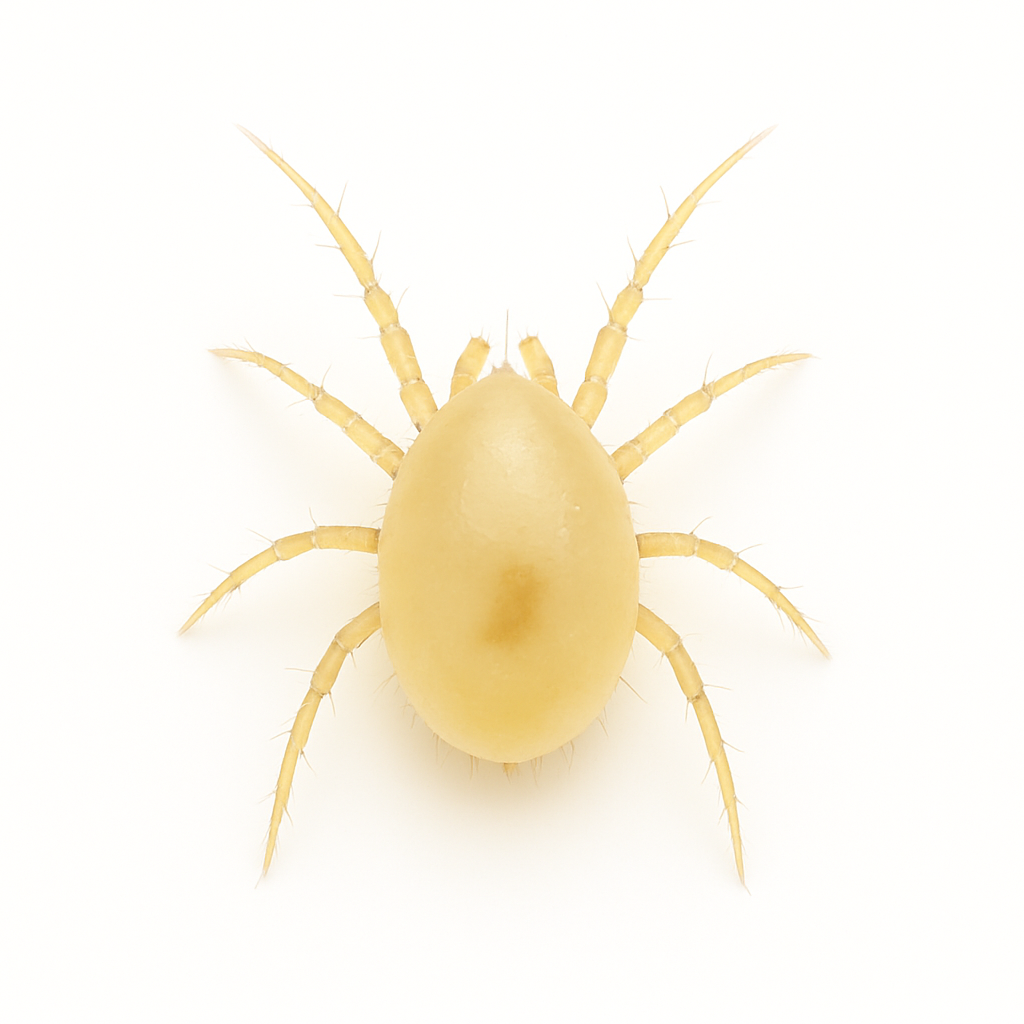 Neoseiulus californicus predatory mite on a white background – beneficial mite used in biological control of spider mites and other plant pests.