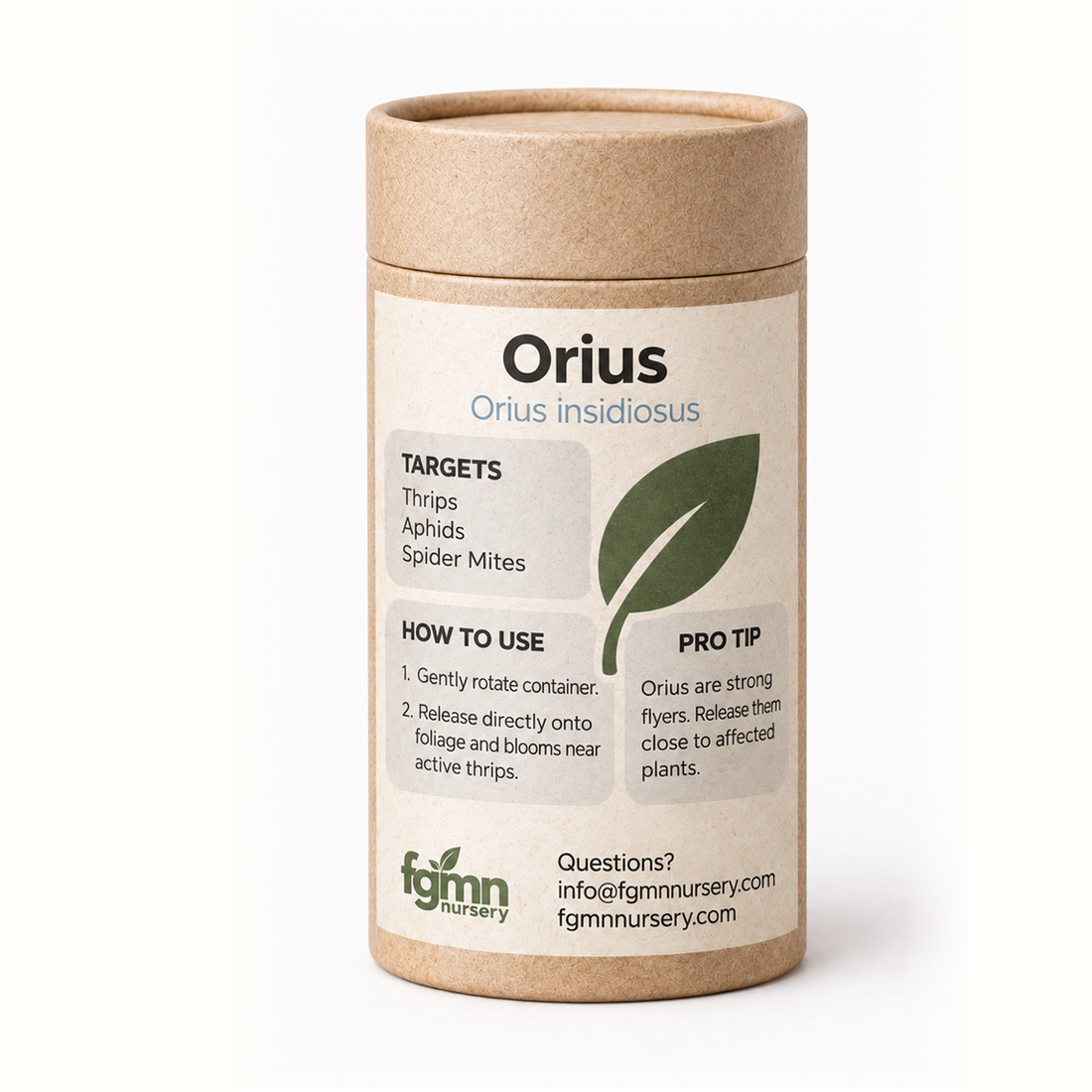 Kraft tube of FGMN Orius insidiosus minute pirate bugs, labelled for adult thrips.