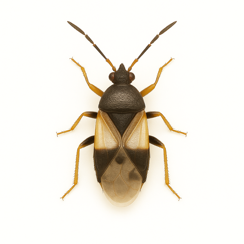 Orius insidiosus (minute pirate bug) on pure white background – beneficial insect predator for controlling thrips, aphids, whiteflies, and other small pests in greenhouse and crop systems