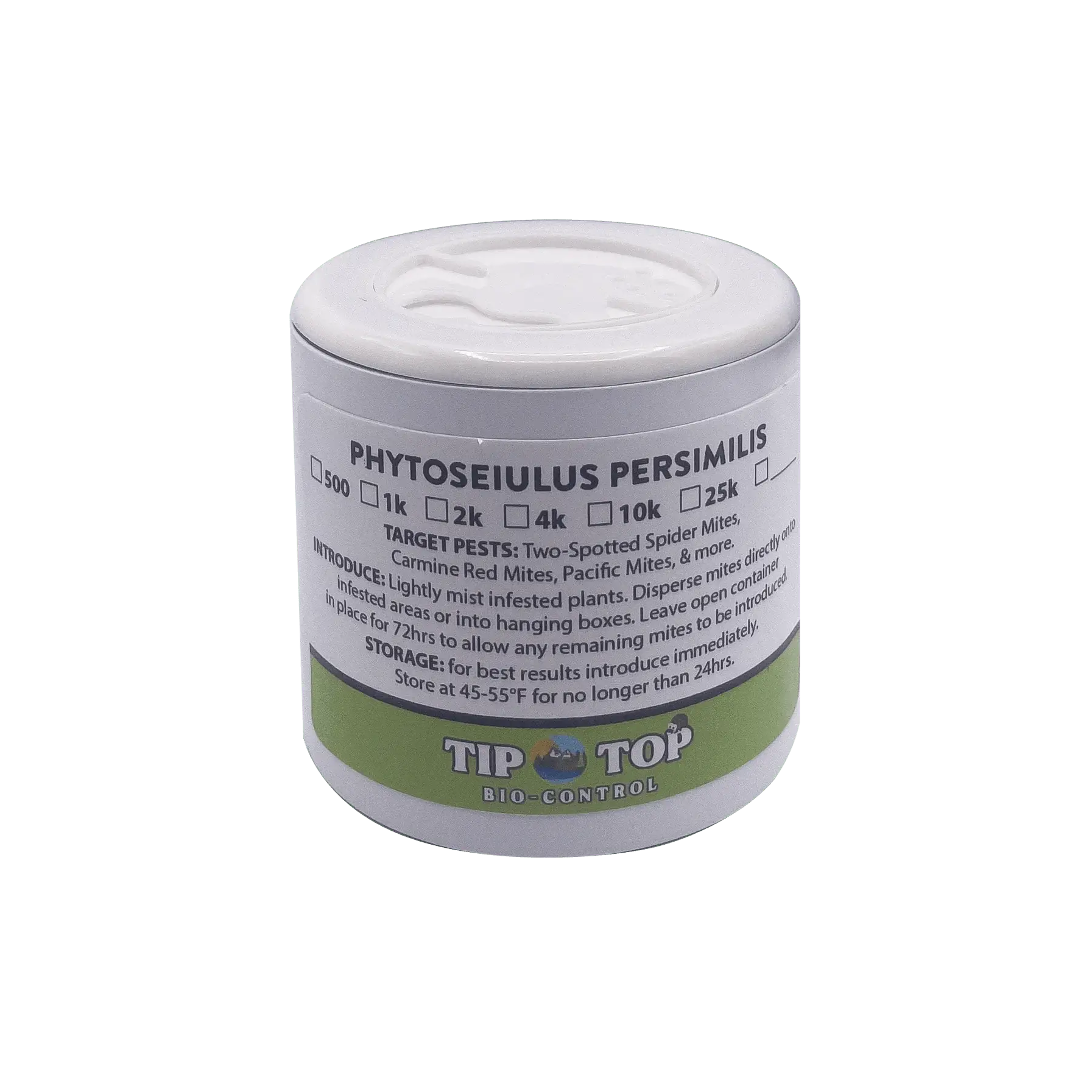 Phytoseiulus persimilis bottle for pest control of spider mites by Tip Top Bio-Control