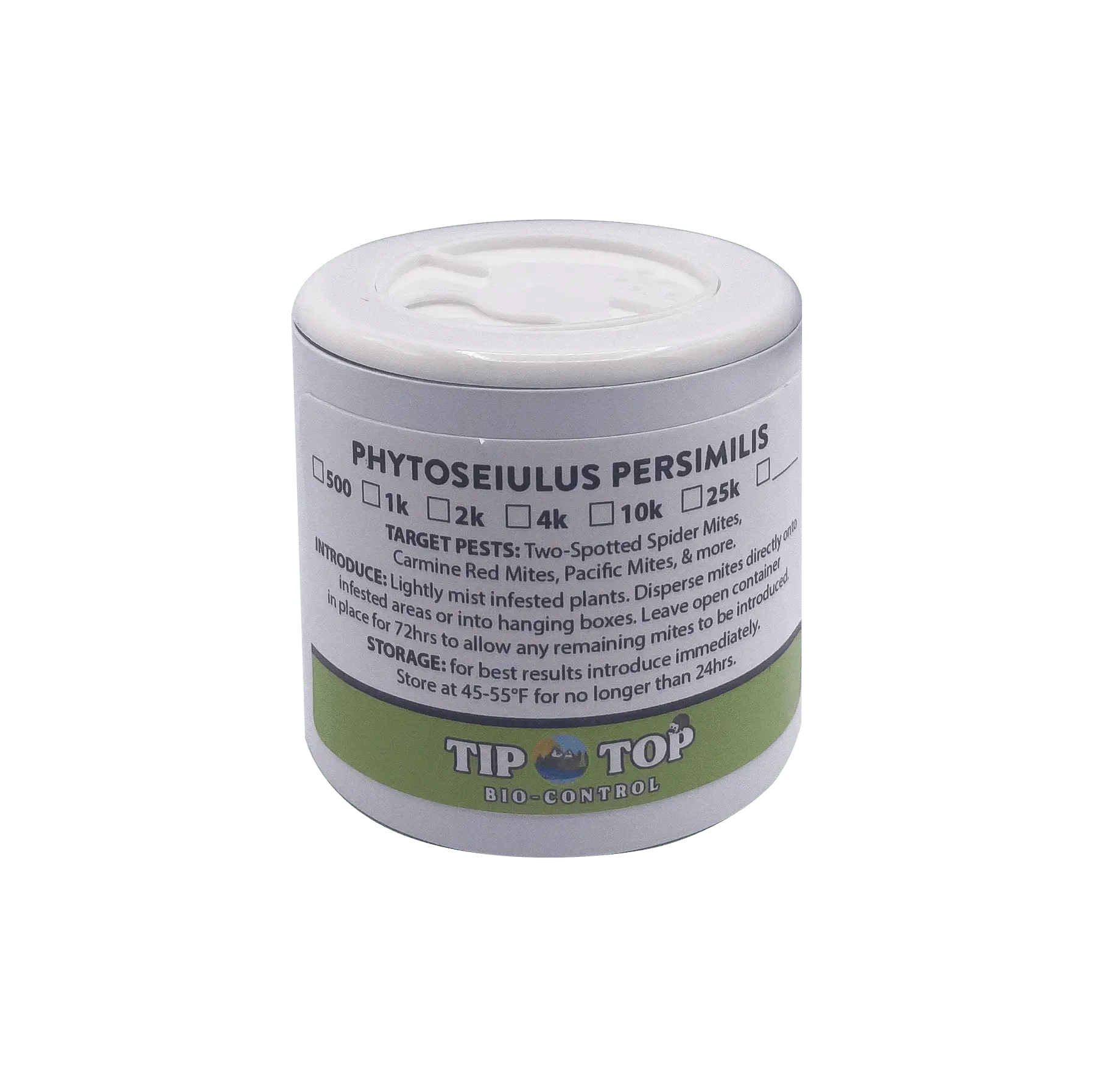 Phytoseiulus persimilis bottle for pest control of spider mites by Tip Top Bio-Control