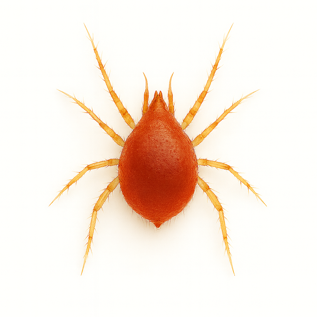 Phytoseiulus persimilis predatory mite on a pure white background – beneficial mite specialized in controlling spider mites in greenhouse and crop systems.