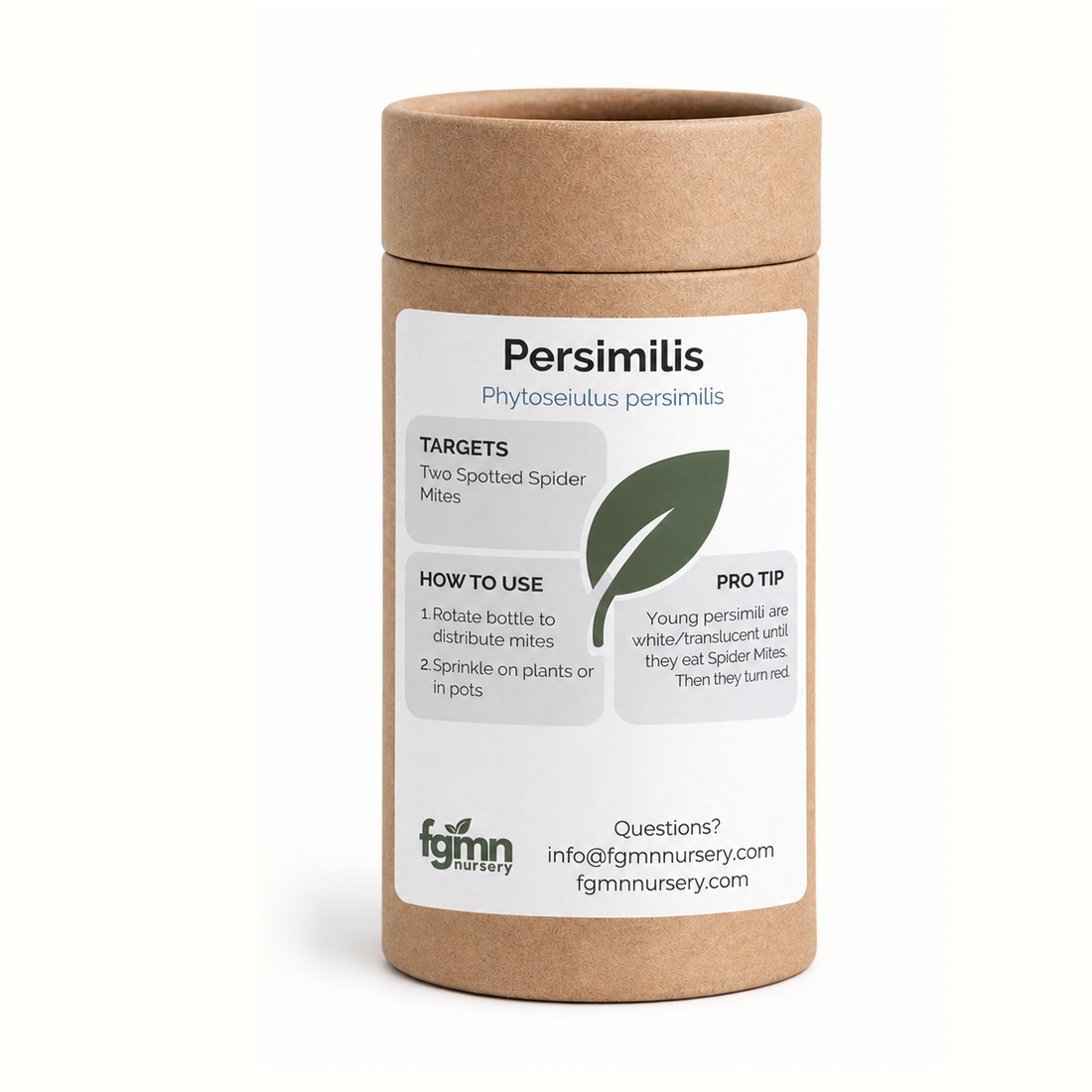 Kraft tube of FGMN Phytoseiulus persimilis predatory mites, labelled for two-spotted spider mites.
