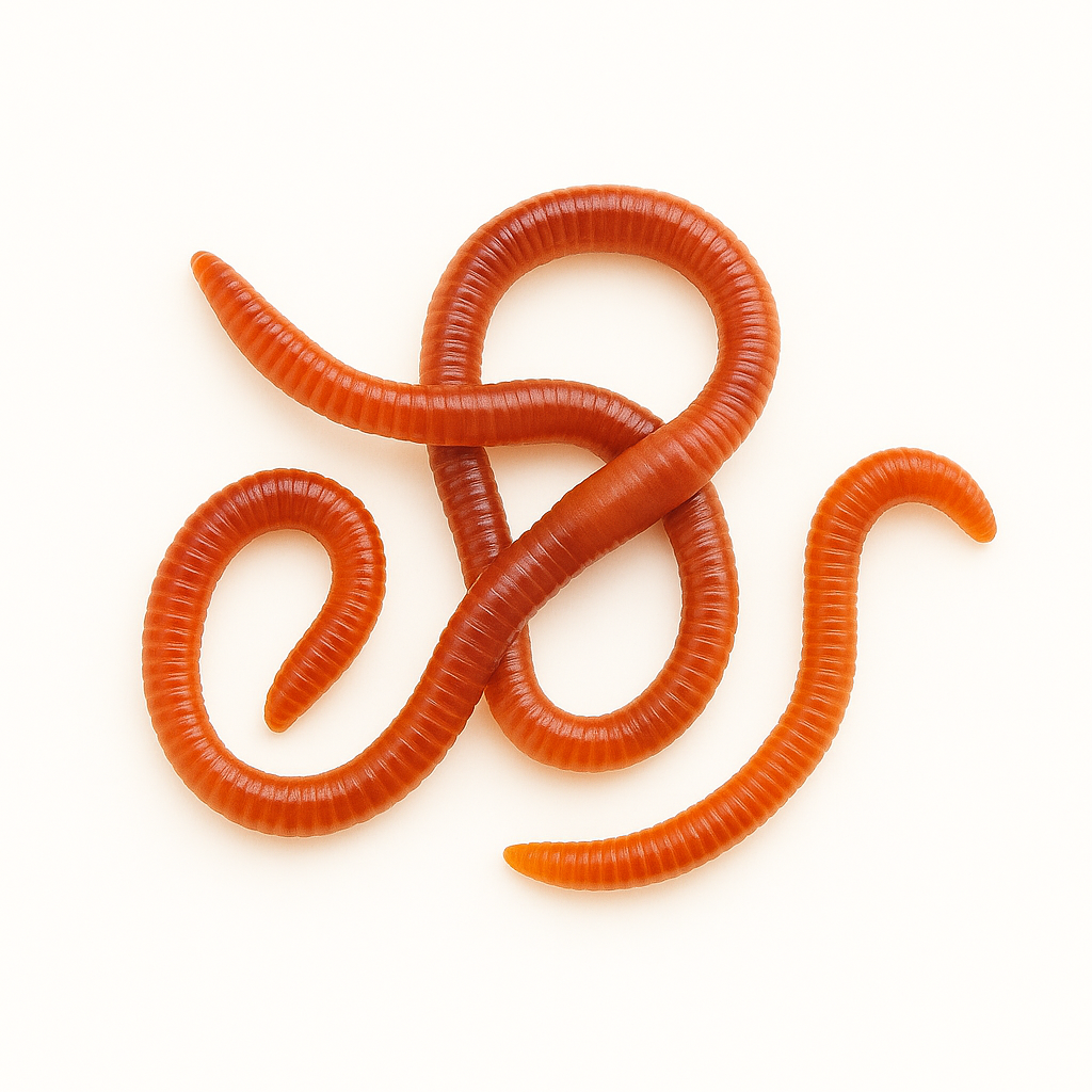 Red wiggler worm (Eisenia fetida) with segmented reddish-brown body and visible clitellum – composting worm used in vermiculture and organic waste recycling.