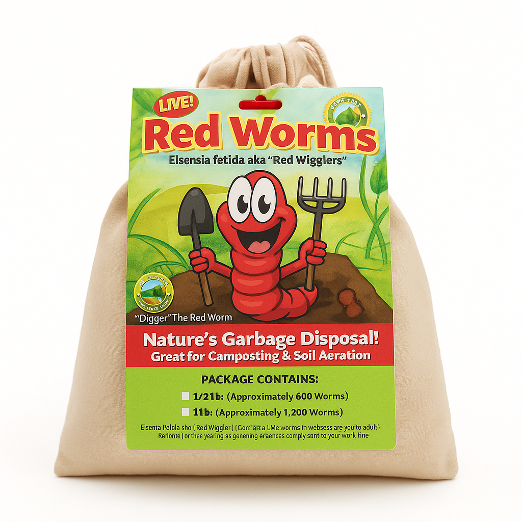 Red Worms (Eisenia fetida) product packaging in a drawstring bag with label showing composting benefits – live red wigglers for soil aeration and organic waste recycling.