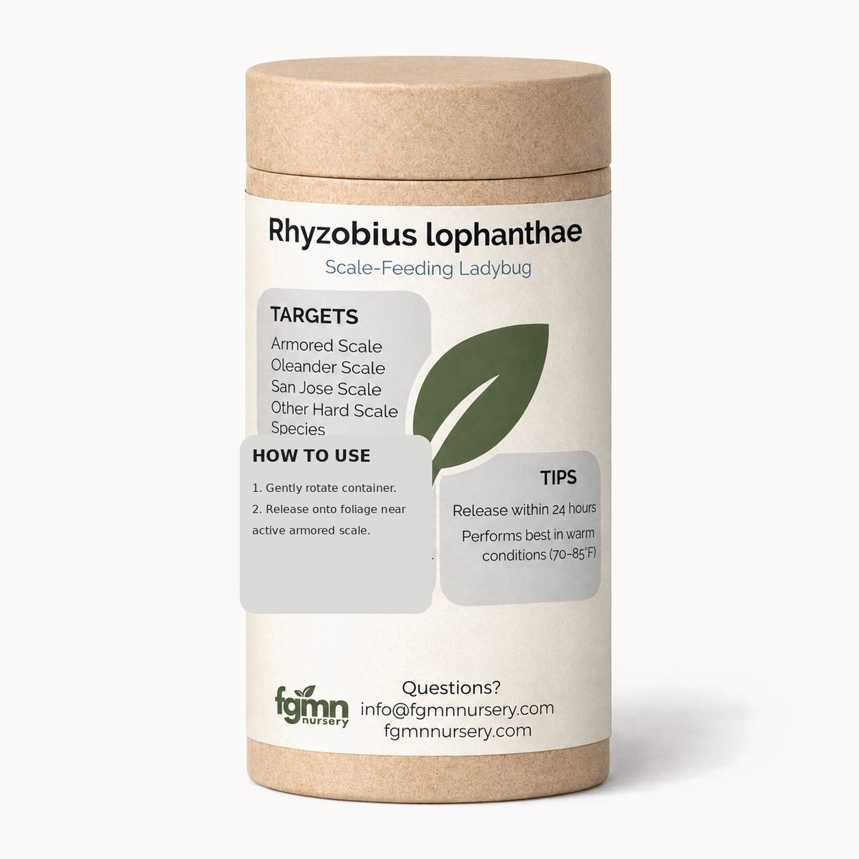 Kraft tube of FGMN Rhyzobius lophanthae beetles, labelled for armored scale.