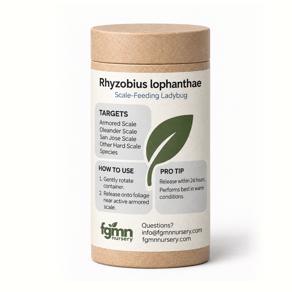 Kraft tube of FGMN Rhyzobius lophanthae beetles, labelled for armored scale.