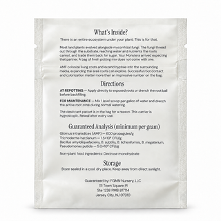 Back of the Root Network pouch: what's inside, directions for repotting and maintenance, and the guaranteed analysis of Glomus intraradices, Trichoderma harzianum, four Bacillus species and Pseudomonas putida.