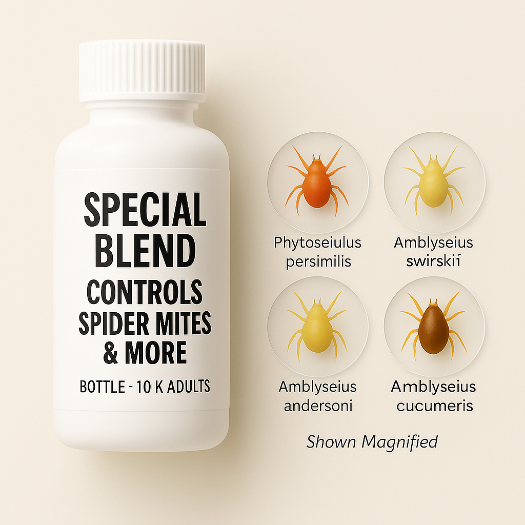 White bottle labeled Special Blend with magnified illustrations of Phytoseiulus persimilis, Amblyseius swirskii, Amblyseius andersoni, and Amblyseius cucumeris in etched circles, shown against a soft beige background, representing biological control of spider mites and thrips.