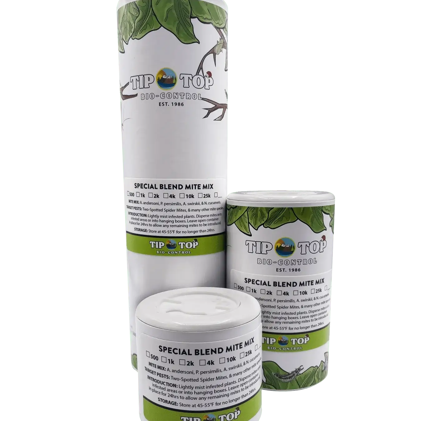 Special Blend Predatory Mite Mix in Bottles for mite infestation control, featuring Amblyseius andersoni and other predator species.