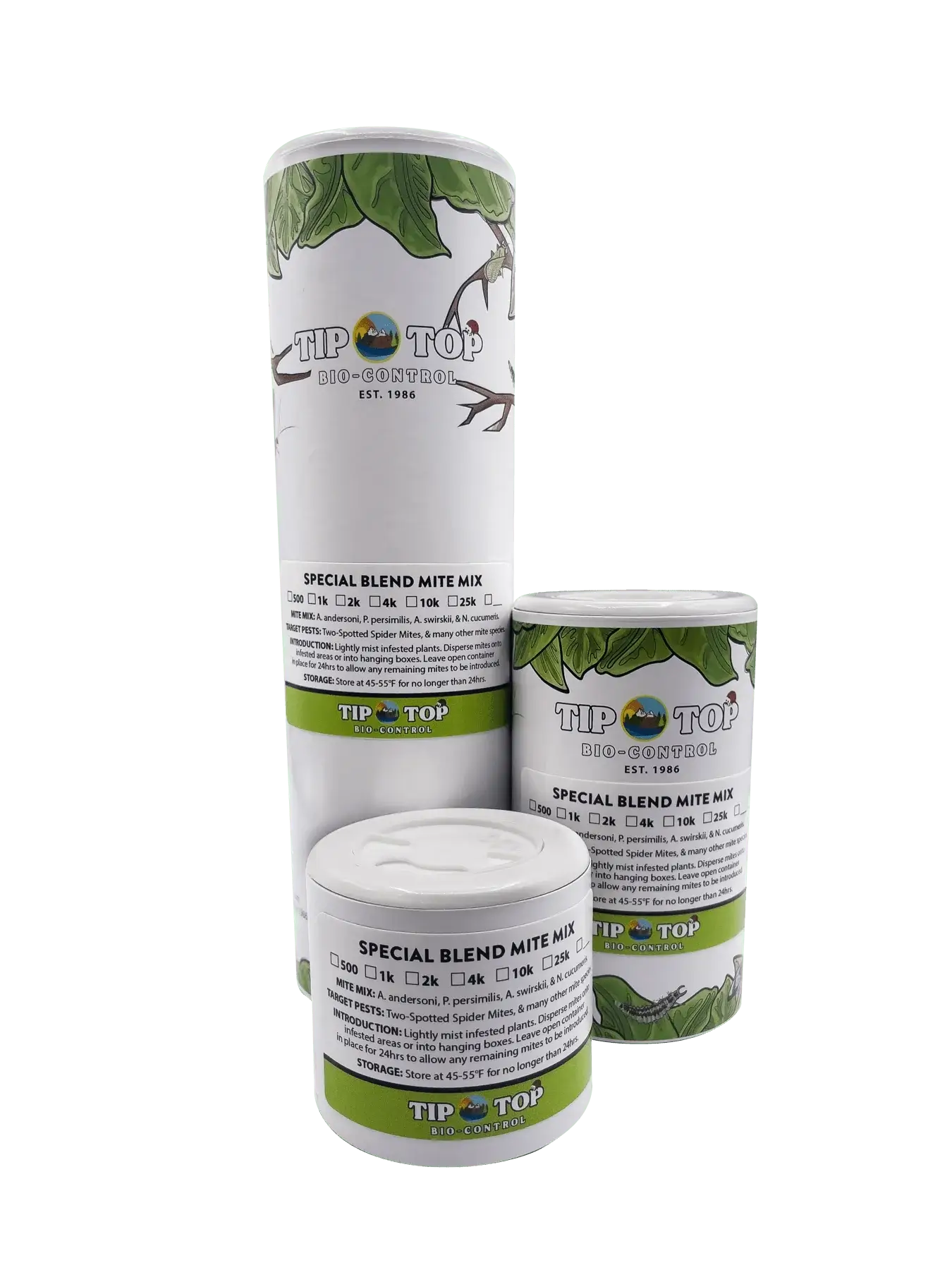 Special Blend Predatory Mite Mix in Bottles for mite infestation control, featuring Amblyseius andersoni and other predator species.