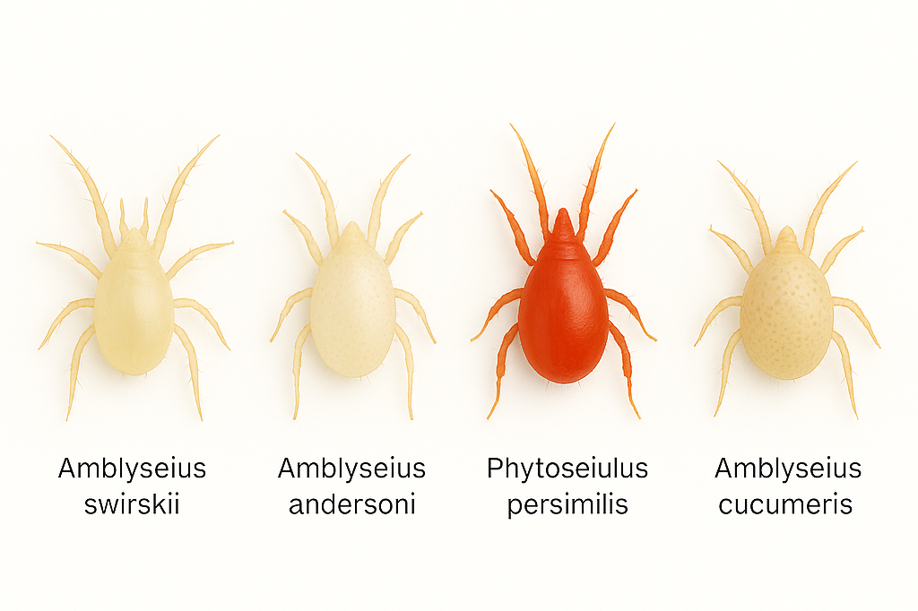 Special Blend predatory mites – Amblyseius swirskii, Amblyseius andersoni, Phytoseiulus persimilis, and Amblyseius cucumeris – displayed on a pure white background, beneficial insects for controlling thrips, spider mites, and whiteflies in greenhouse crops.