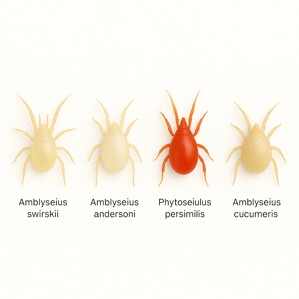 Special Blend predatory mites – Amblyseius swirskii, Amblyseius andersoni, Phytoseiulus persimilis, and Amblyseius cucumeris – displayed on a pure white background, beneficial insects for controlling thrips, spider mites, and whiteflies in greenhouse crops.