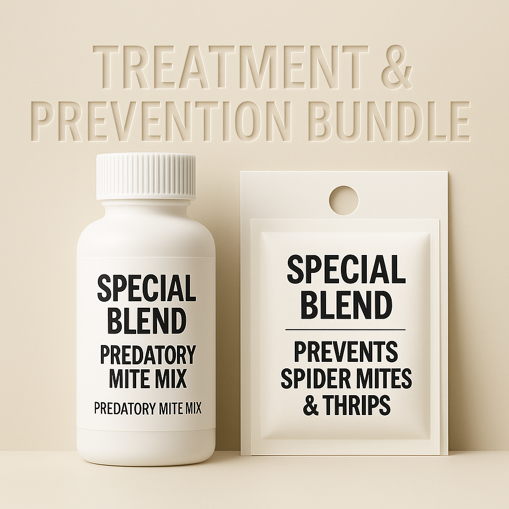 Special Blend Treatment and Prevention Bundle featuring a white predatory mite mix bottle and sachet labeled for spider mite and thrips control, against a beige background with etched product name.