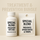 Special Blend Treatment and Prevention Bundle featuring a white predatory mite mix bottle and sachet labeled for spider mite and thrips control, against a beige background with etched product name.