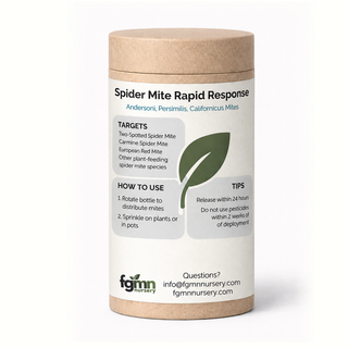 Kraft tube of FGMN Spider Mite Rapid Response, a three-species predatory mite blend labelled for active spider mite infestations.