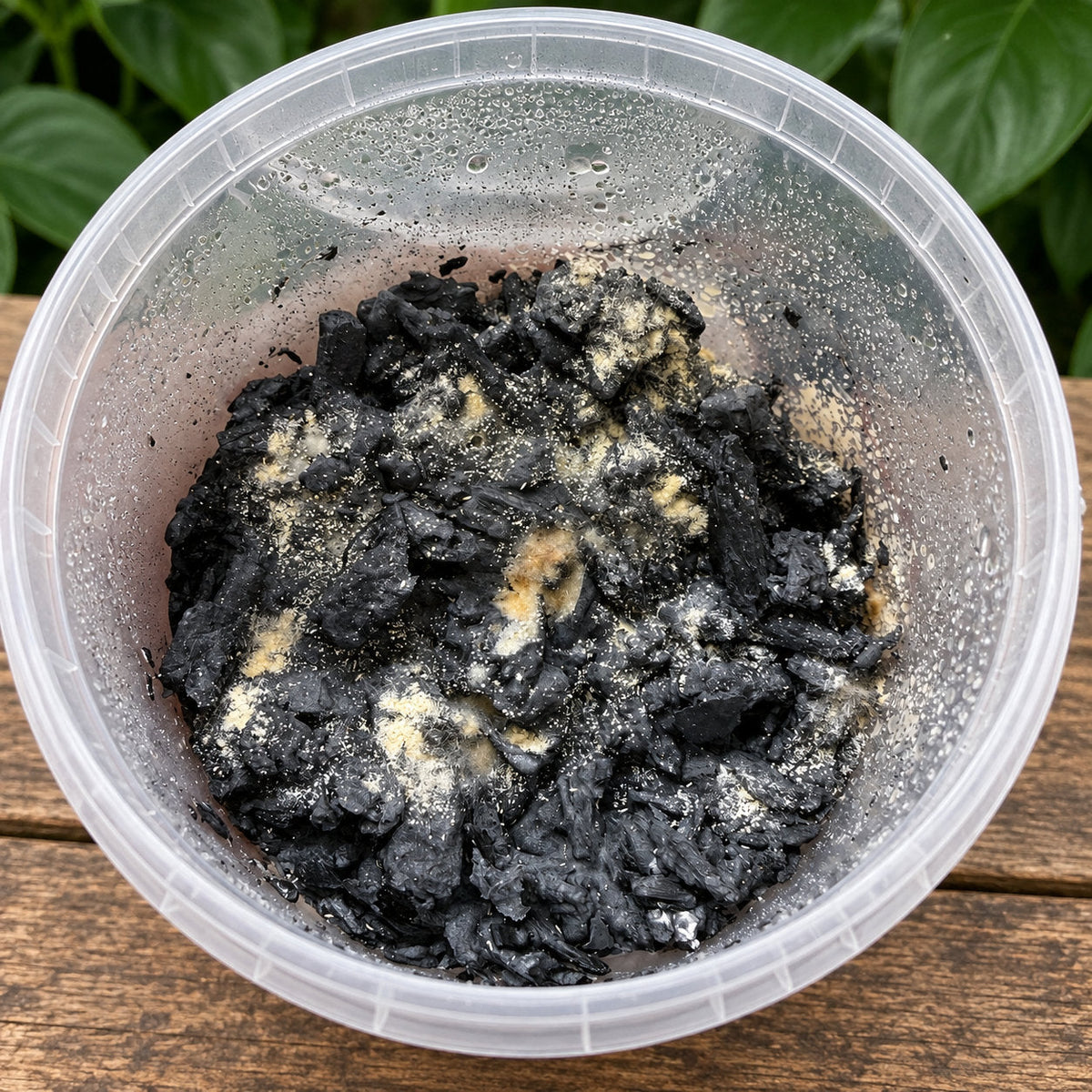 Looking down into an open springtail culture: a black plaster slab dusted with pale cream patches of brewer's yeast, condensation on the container walls.