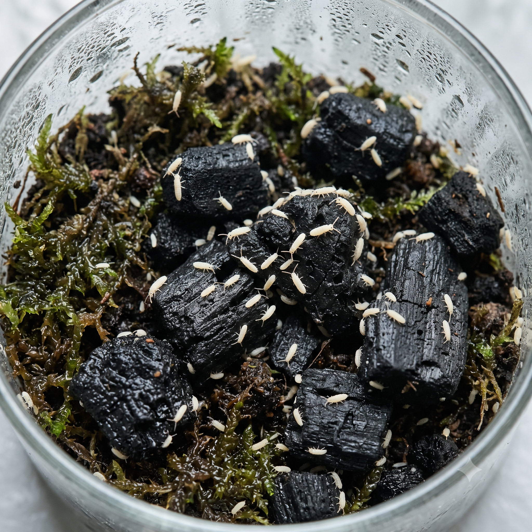 A close-up of a glass bowl filled with dark charcoal briquettes mixed with green moss and soil, with many small white insects crawling across the surface.