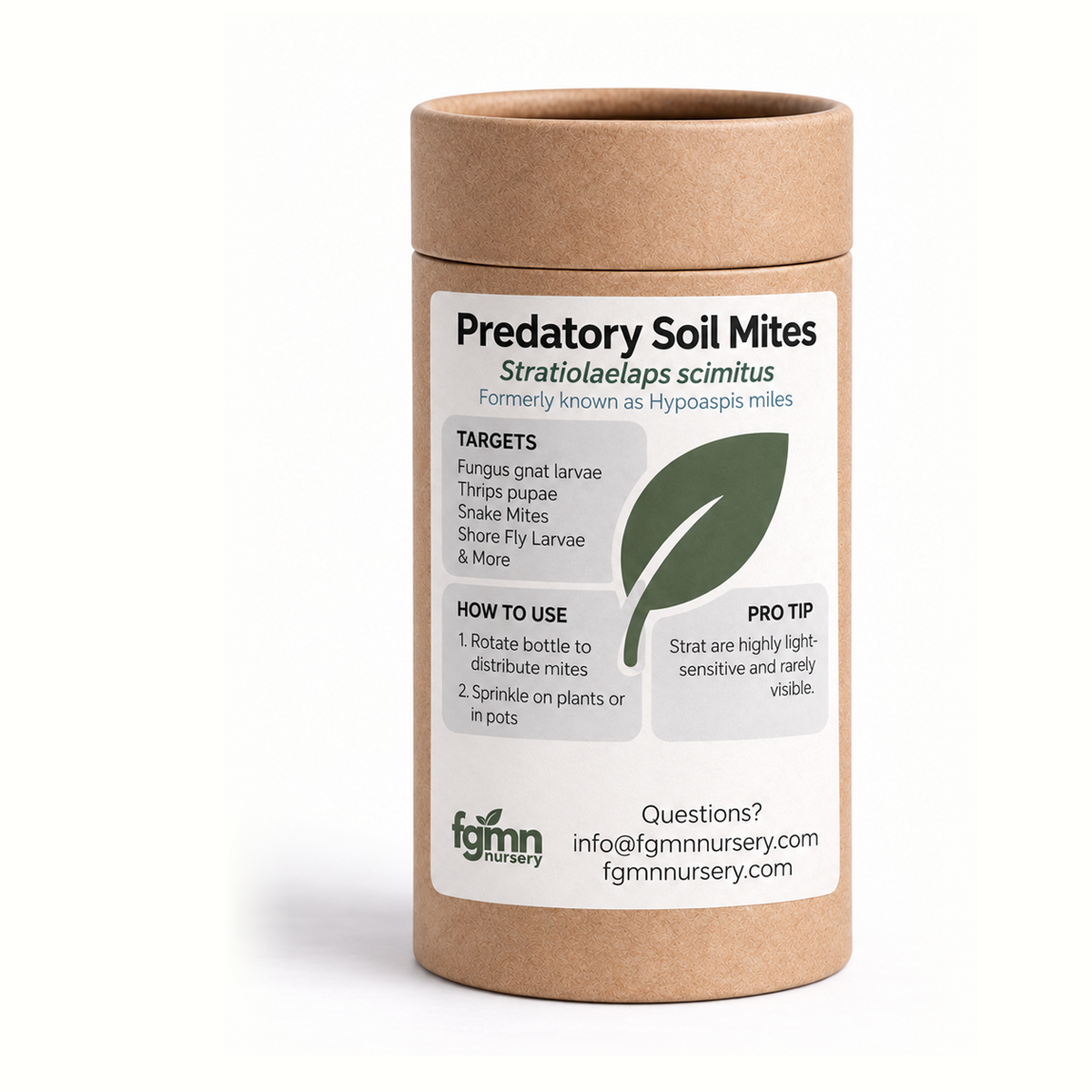 Kraft tube of FGMN Stratiolaelaps scimitus soil predatory mites, labelled for fungus gnat larvae and soil pests.