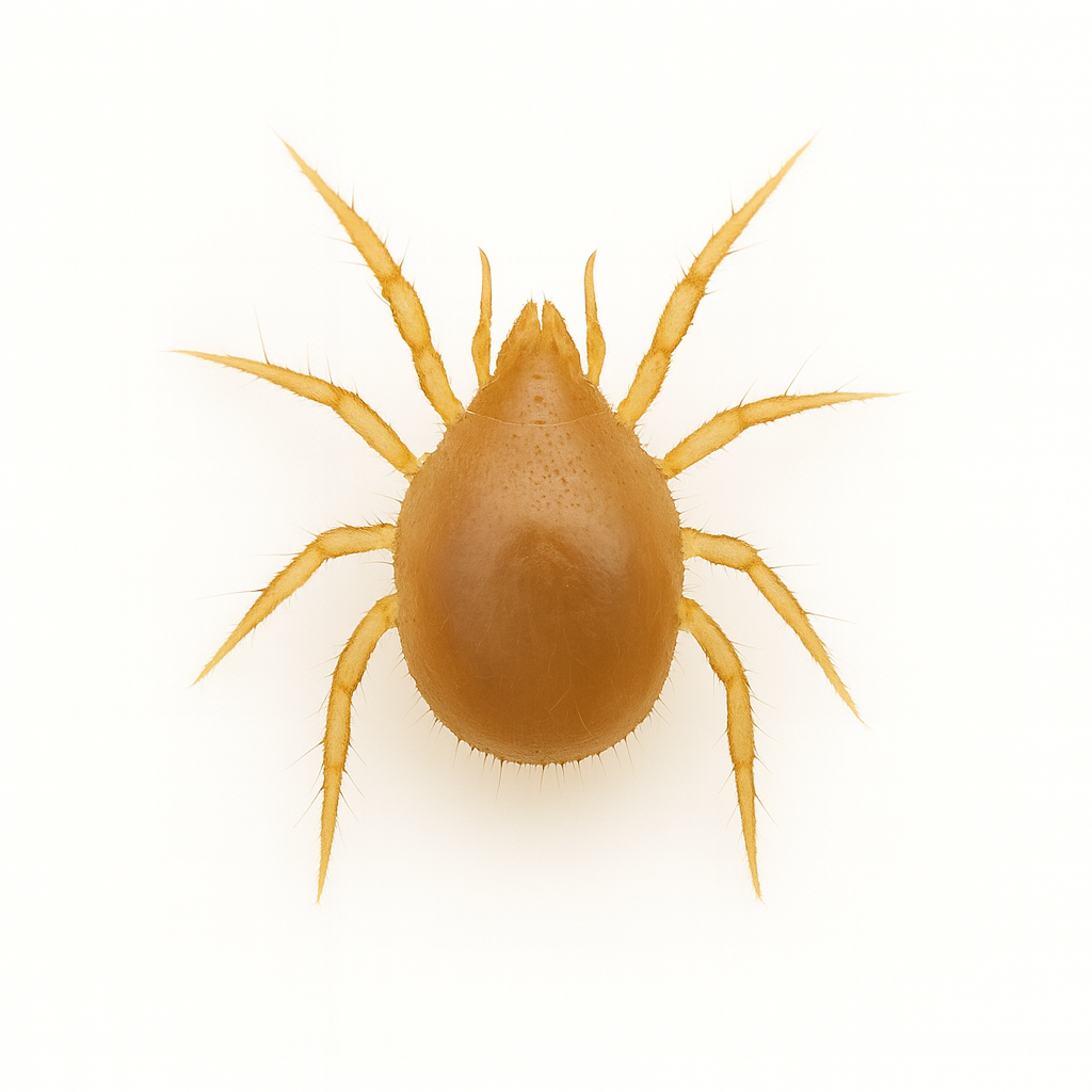 Stratiolaelaps scimitus predatory soil mite on a pure white background – beneficial mite used for biological control of fungus gnat larvae, root maggots, and other soil-dwelling pests.