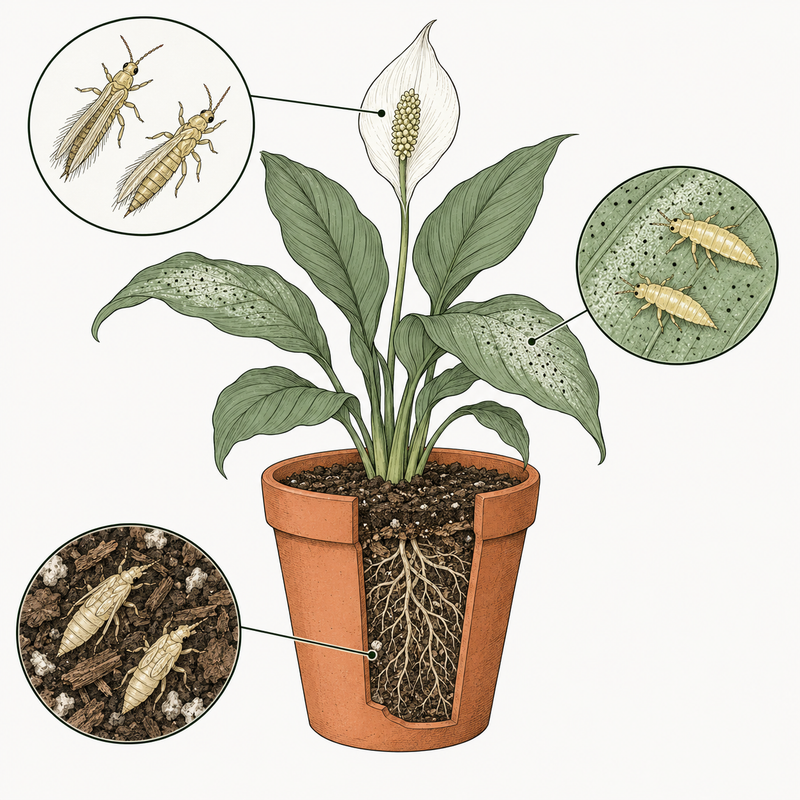 Ink drawing of a peace lily in a cut-away pot, with close-ups of thrips adults on the flower, larvae on a leaf and pupae in the soil