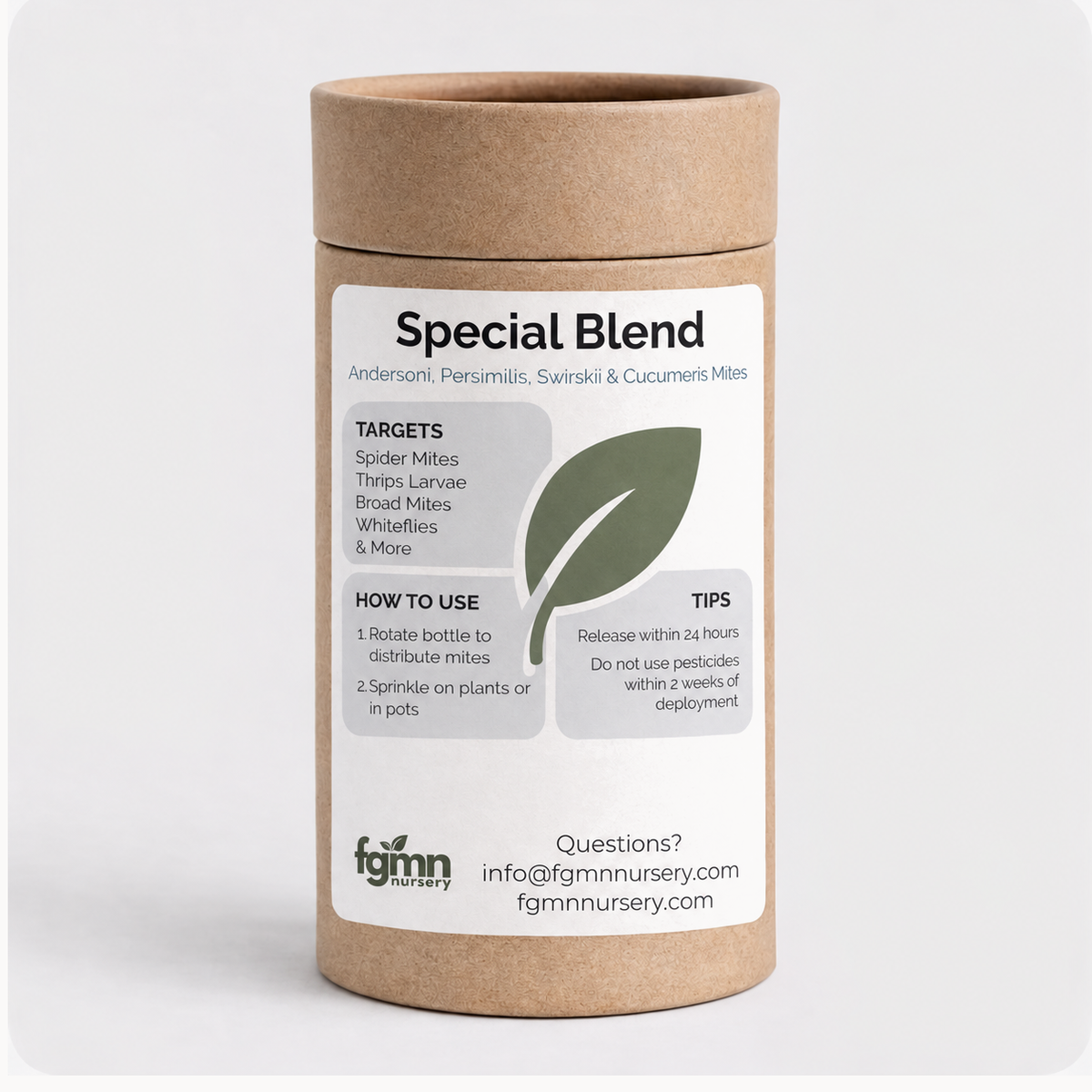 Kraft tube of FGMN Special Blend predatory mites — andersoni, californicus, swirskii and cucumeris — labelled for spider mites, thrips larvae, broad mites and whiteflies.