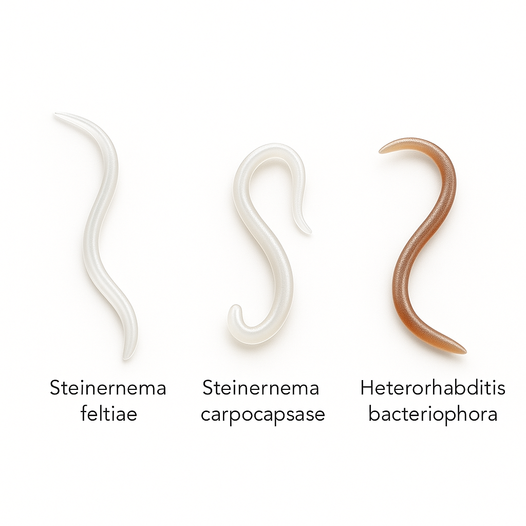Triple Blend Nematodes illustration showing Steinernema feltiae, Steinernema carpocapsae, and Heterorhabditis bacteriophora – beneficial nematodes used in biological pest control for soil-dwelling insects such as fungus gnats, grubs, and root mealies.