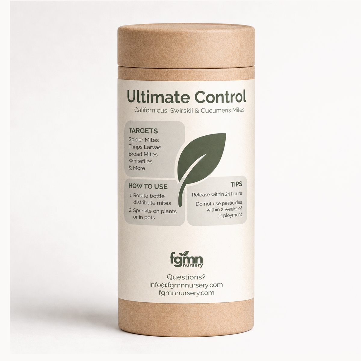 Kraft tube of FGMN Ultimate Control predatory mite mix, labelled for broad-spectrum canopy and soil pest control.