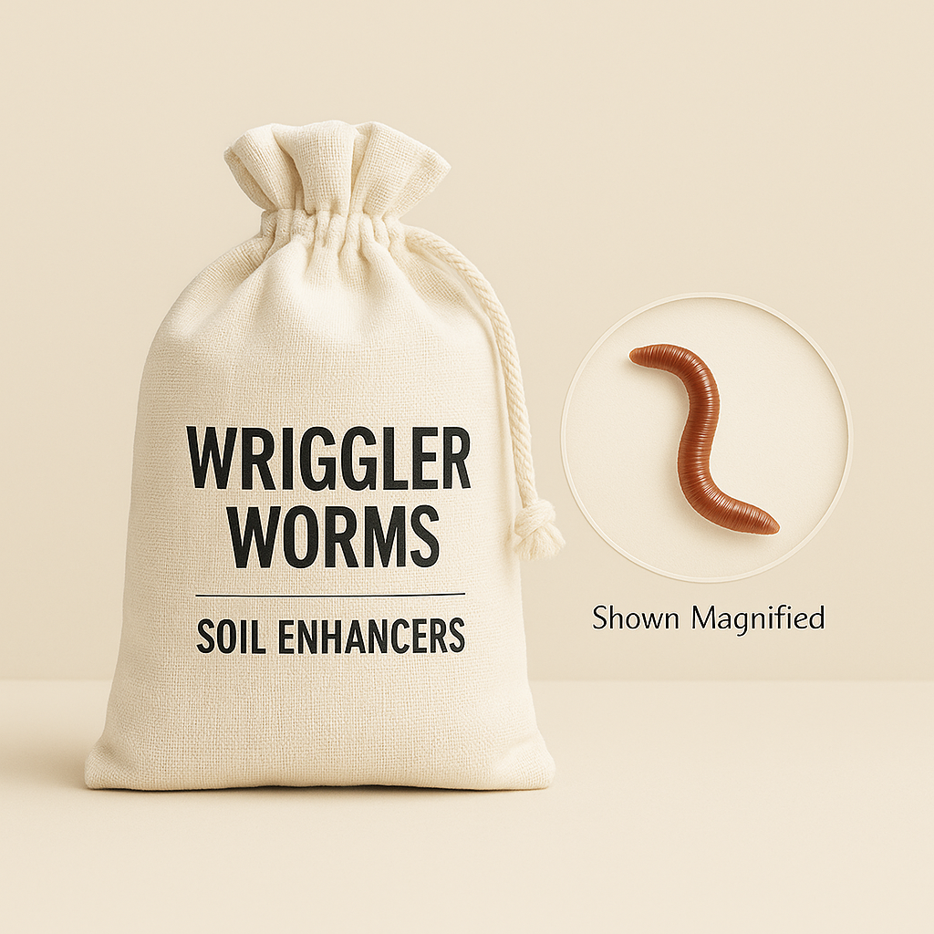 Cloth drawstring sack labeled Wriggler Worms with a magnified red worm in an etched circle beside it, shown against a soft beige background, representing natural soil aeration and enrichment.
