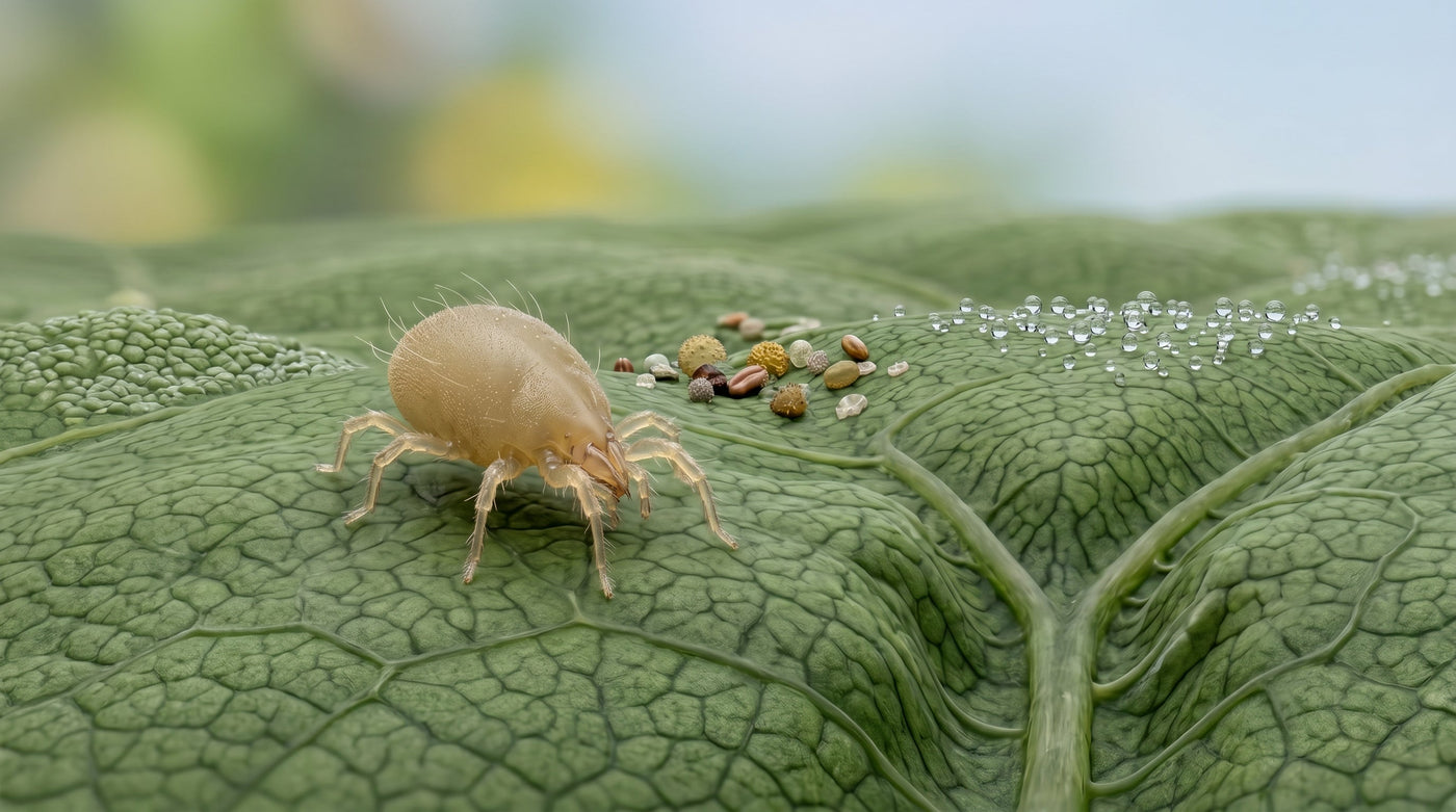 Amblyseius cucumeris on a leaf looking for a 1st instar thrips larva to eat