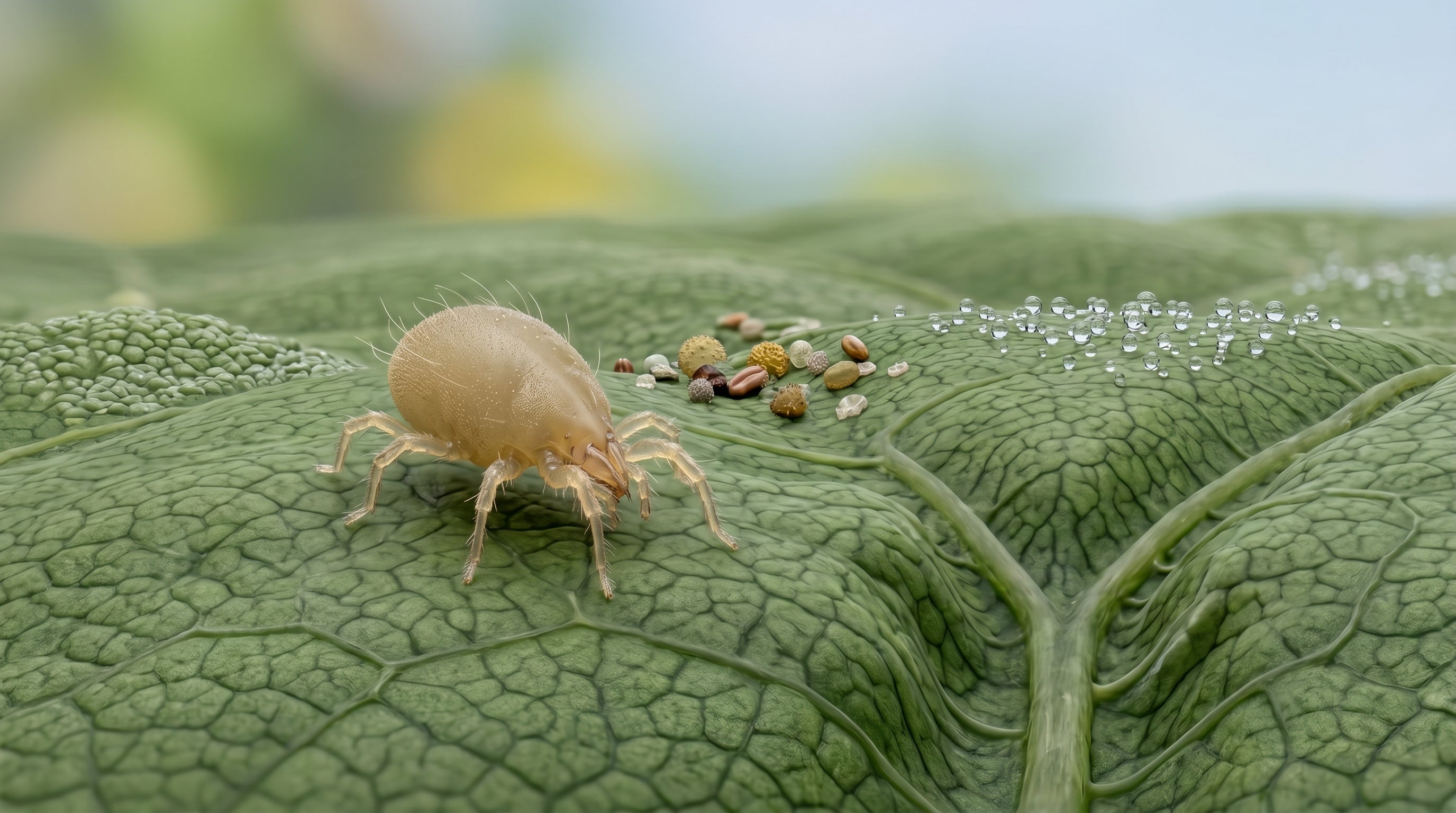 Amblyseius cucumeris on a leaf looking for a 1st instar thrips larva to eat