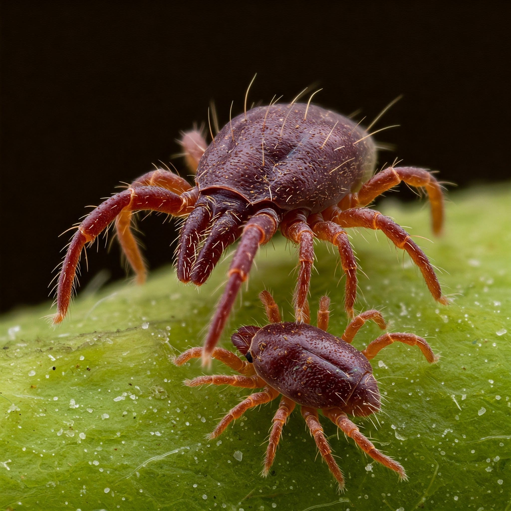 Close-up of predatory mites on a green leaf, effective natural pest control agents against spider mites and thrips.