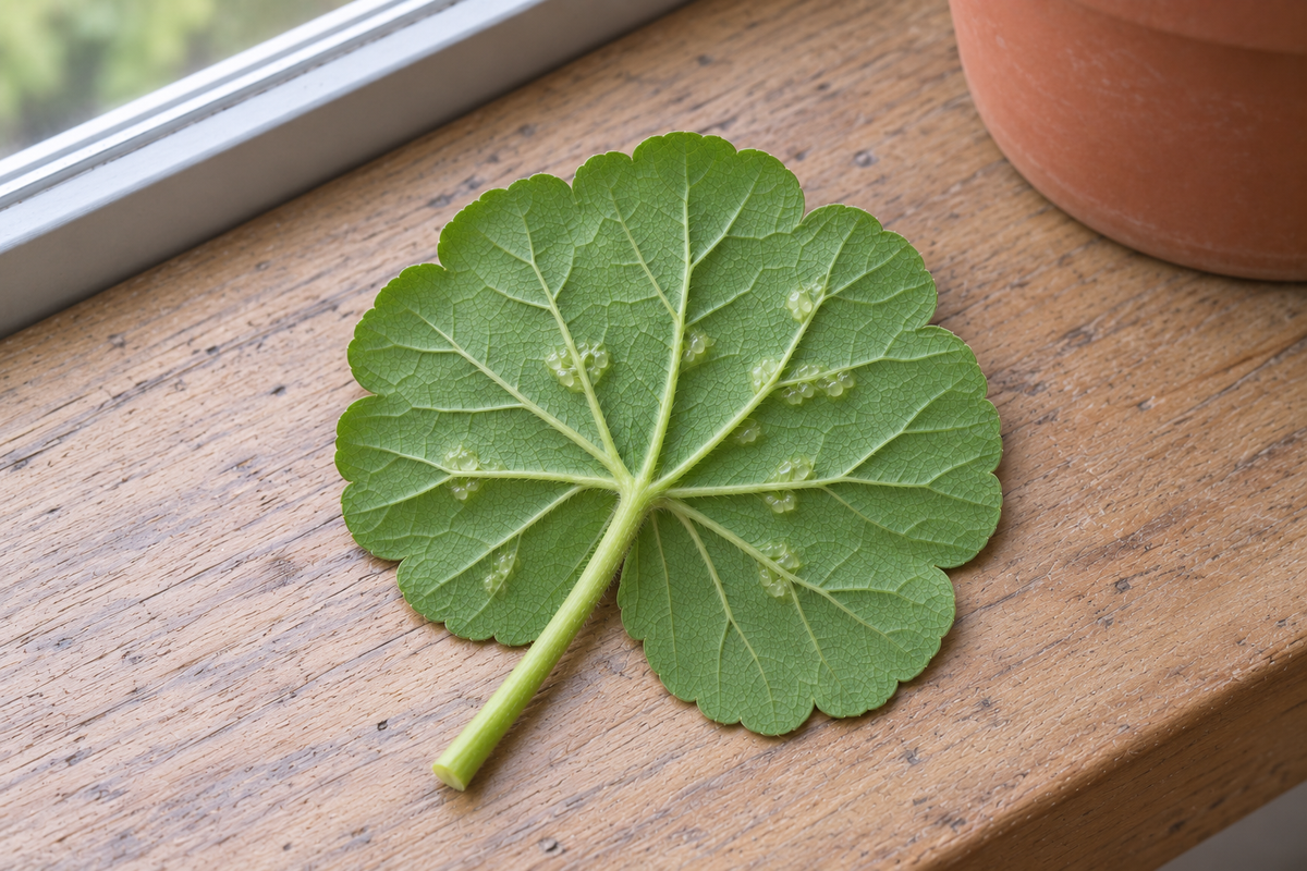 A zonal geranium leaf lying underside up on a wooden windowsill, with clusters of small pale, glassy blisters raised along the veins and the rest of the leaf a healthy green.
