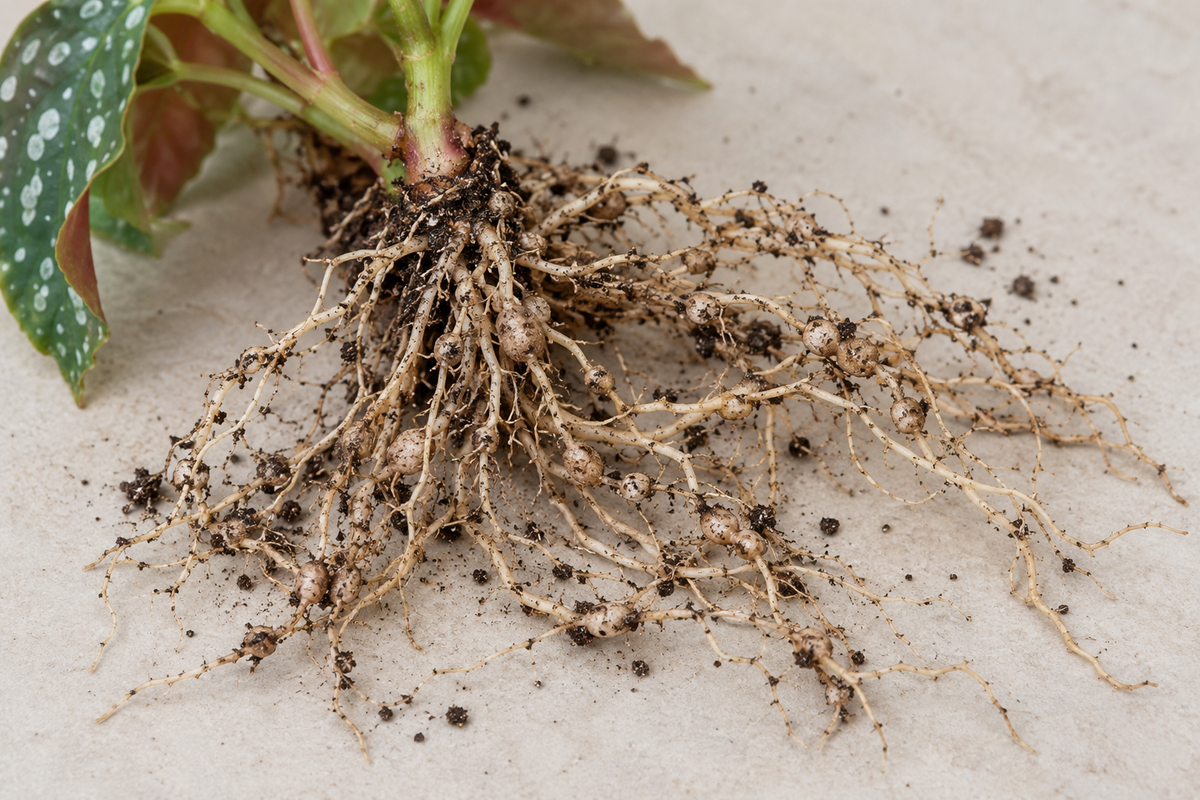 Fine roots of a small spotted begonia lifted from its pot and laid on a pale surface, strung with pale knobby swellings along their length, with crumbs of potting mix scattered around.