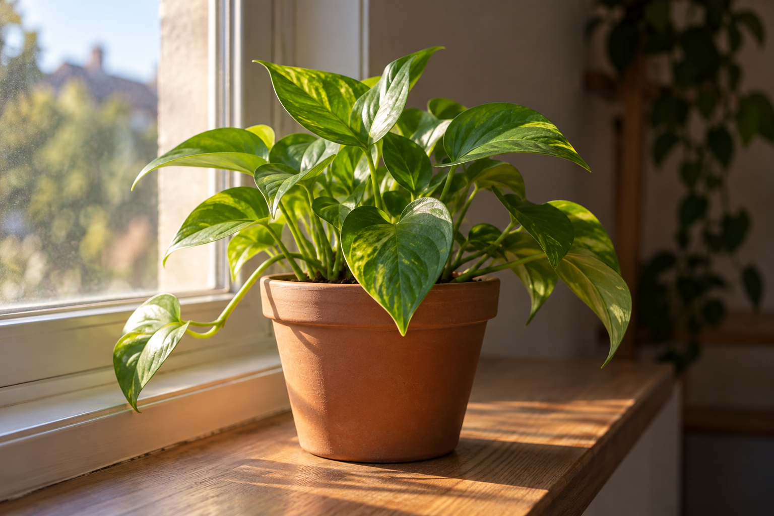 A potted pothos on a wooden windowsill, half in warm late afternoon window light and half in cool interior shadow.