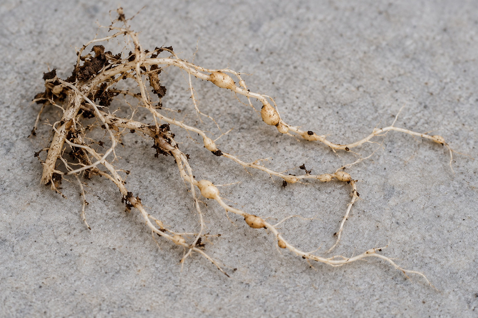 Macro photo of fine pale roots on a plain grey surface, with several small swellings that are part of the root itself, the look of root-knot galls on a houseplant, and a few crumbs of potting mix. No hands.