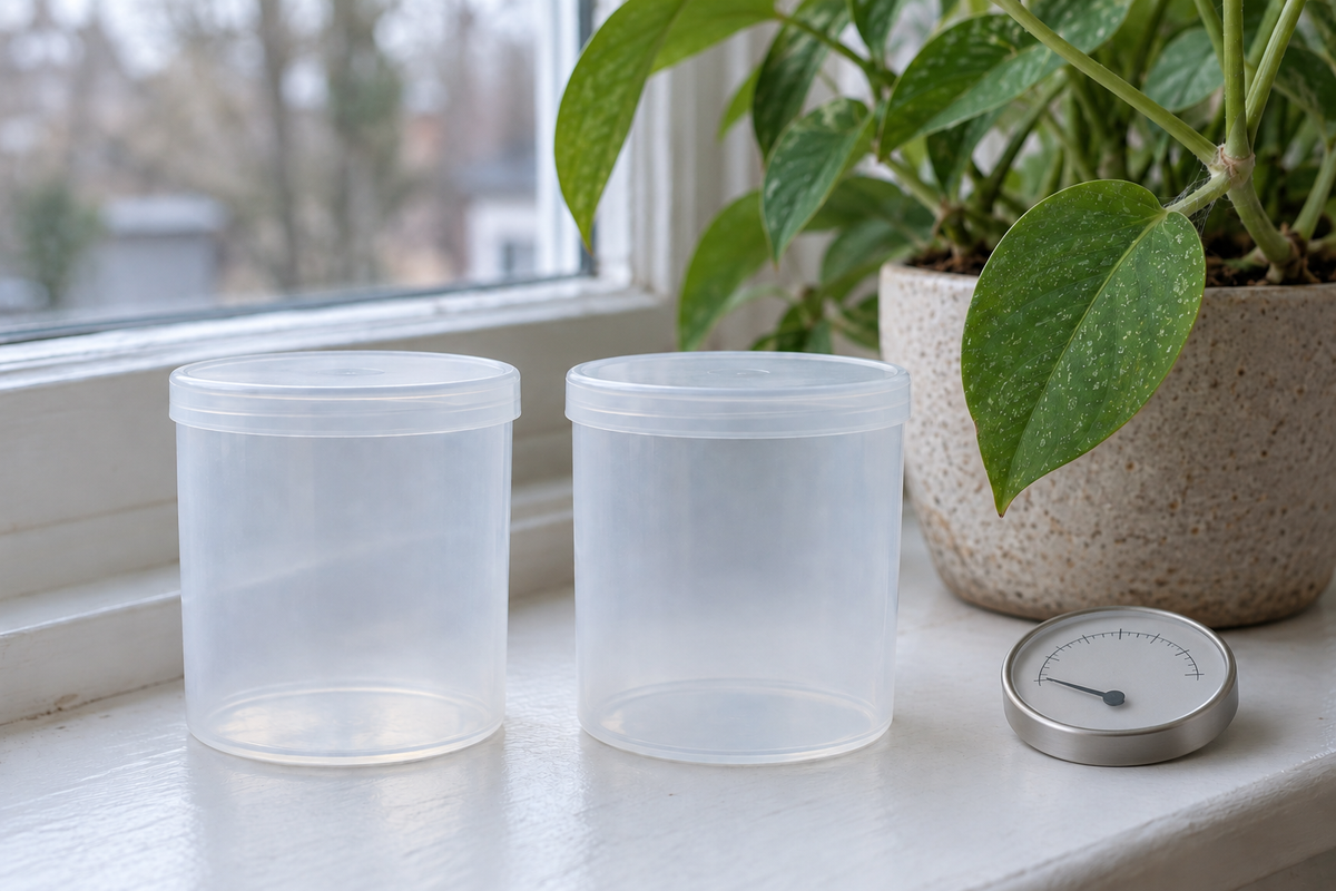 Two identical blank containers side by side on a windowsill, a round dial hygrometer beside them with its needle low, and behind them a potted pothos whose leaf shows fine pale stippling and a trace of silk at the stem junction.