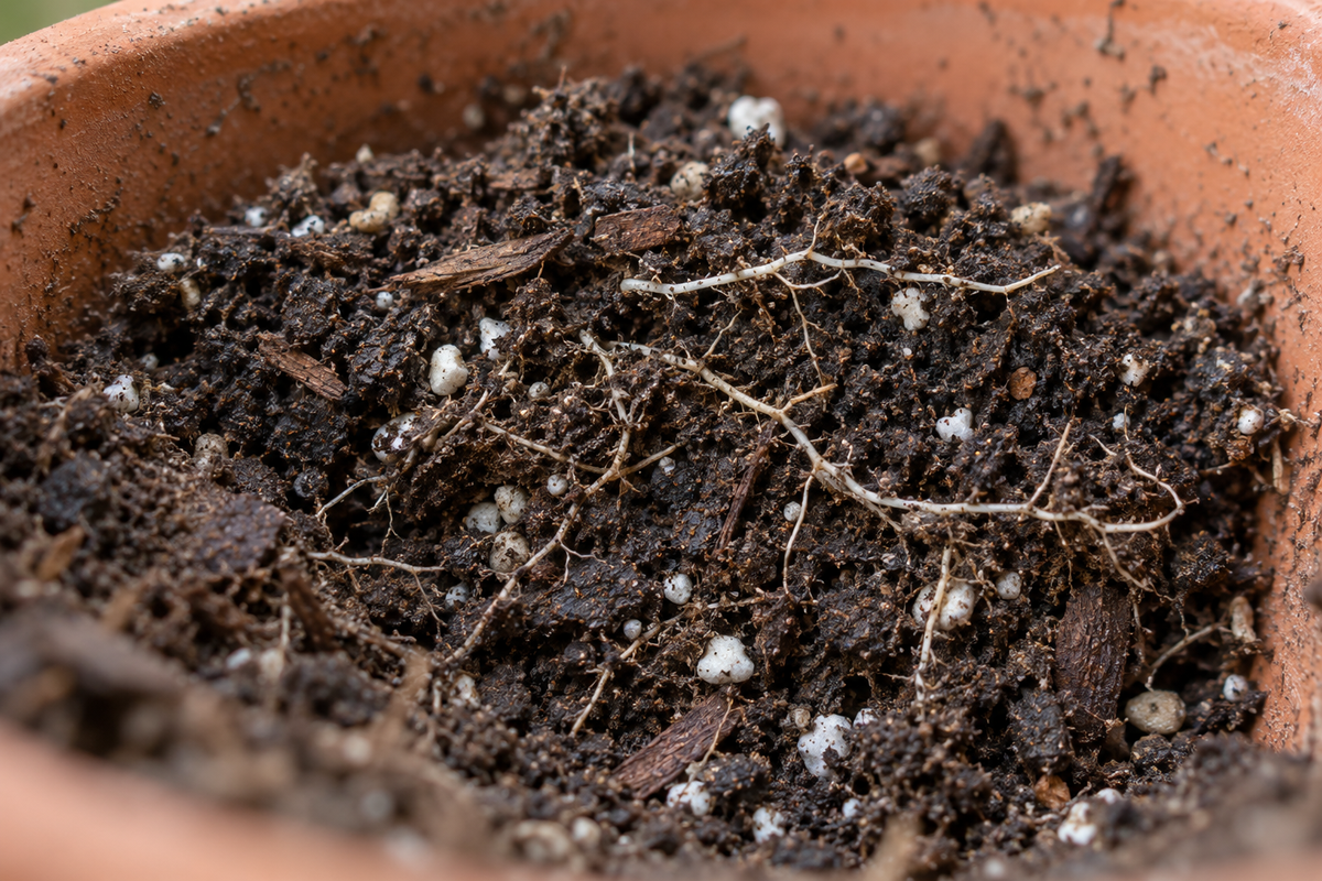 Macro photo of dark, crumbly potting mix with bark and perlite in a terracotta pot, a few fine pale roots running through the crumbs. Quiet documentary style, no plants or products in frame.