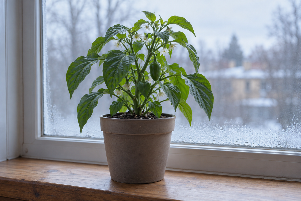 A healthy flowering pepper plant in a pot on a wooden windowsill, with condensation on the cold window glass and a snowy street behind.