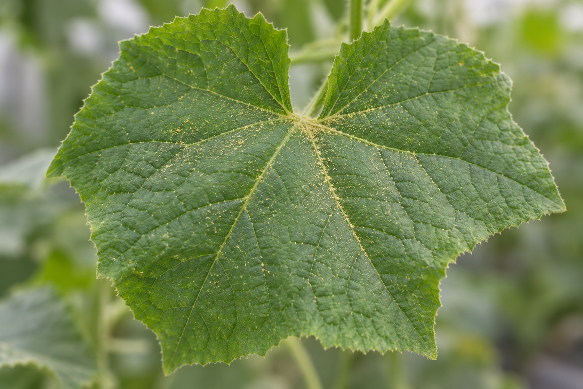 A cucumber leaf seen from above in soft light, with a fine scatter of pale yellow pollen dust across the surface and gathered along the veins.