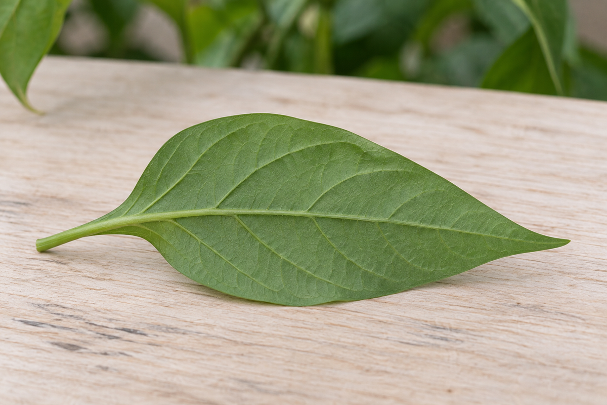 The underside of a healthy pepper leaf lying on a pale wooden surface, evenly green and clean, with no stippling, webbing or insects.