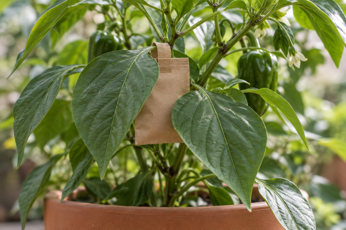 A small plain paper sachet hooked over a stem inside the canopy of a pepper plant in a terracotta pot, with two large leaves overlapping it.