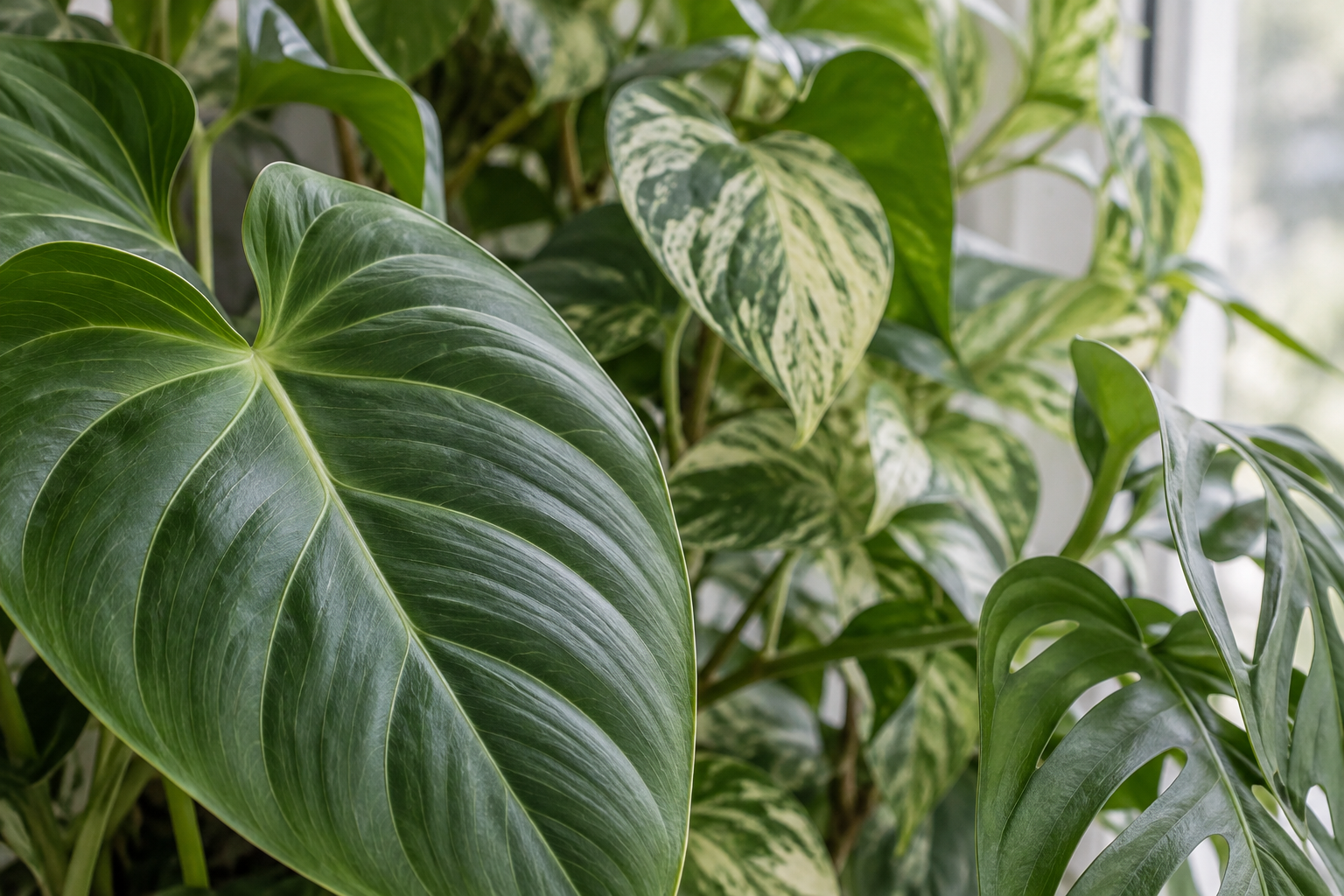 AI-generated photographic scene of foliage beside a softly lit window.