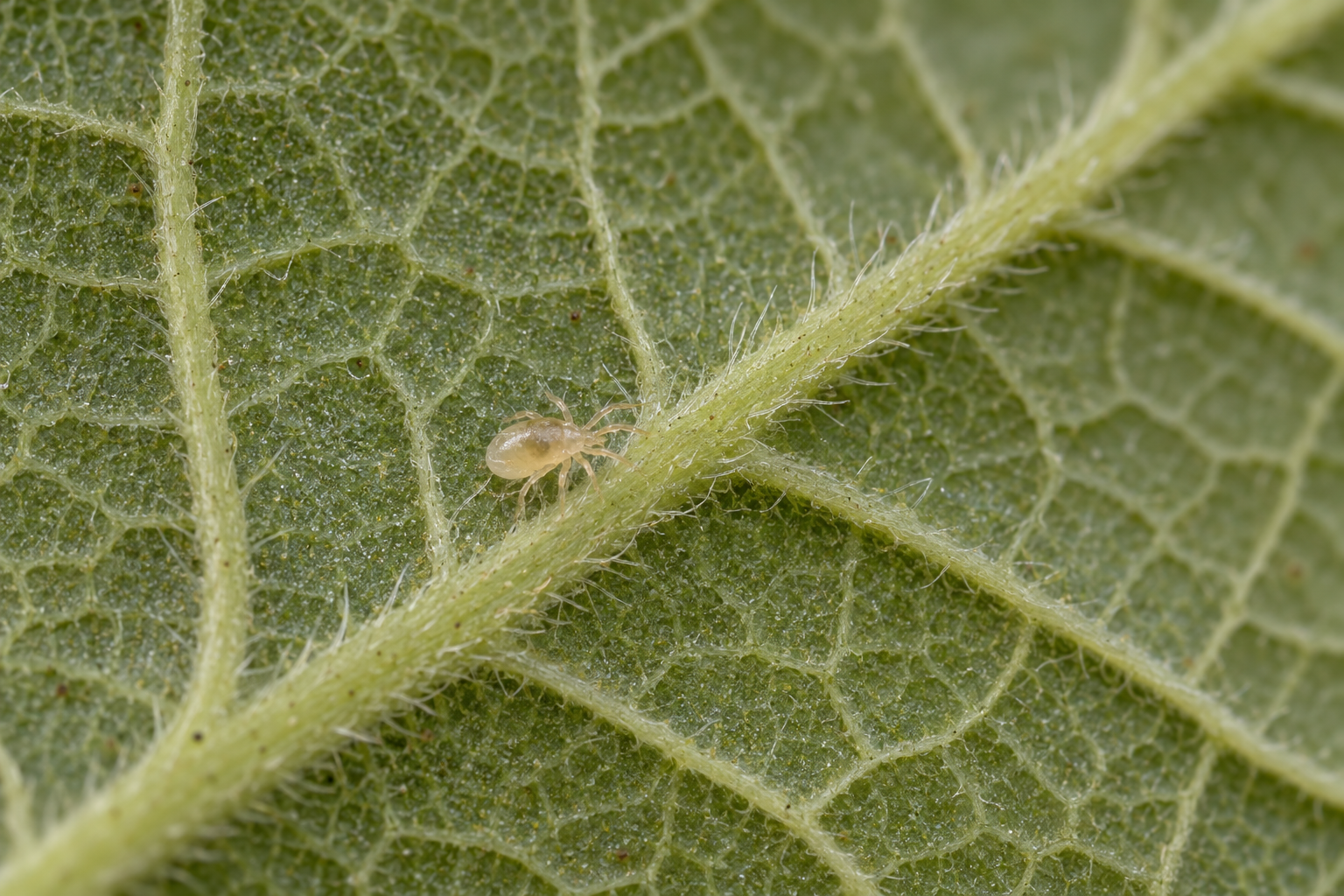 AI-generated macro illustration in photographic style of a pale predatory mite beside a leaf vein.