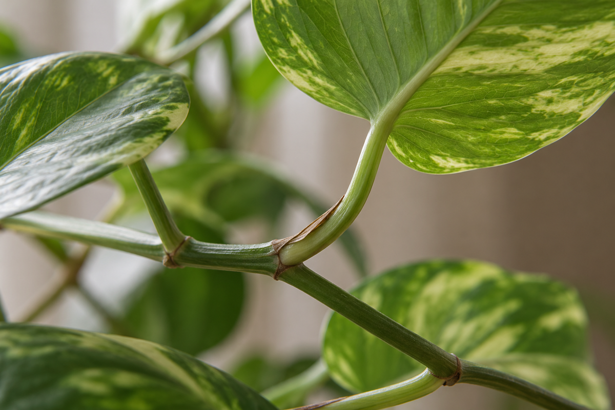 Connected leaves and stems in soft natural light; AI-generated photographic illustration.