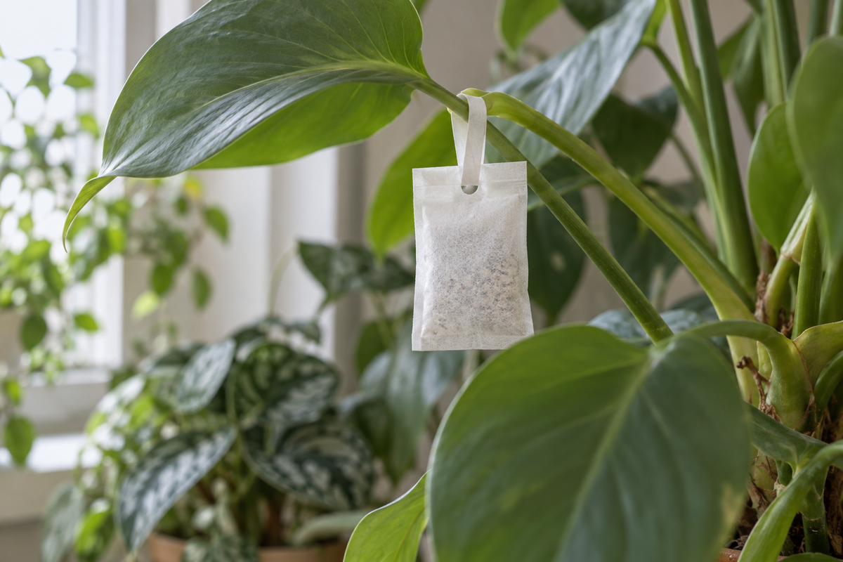 Predatory mite sachet hanging beneath healthy houseplant foliage