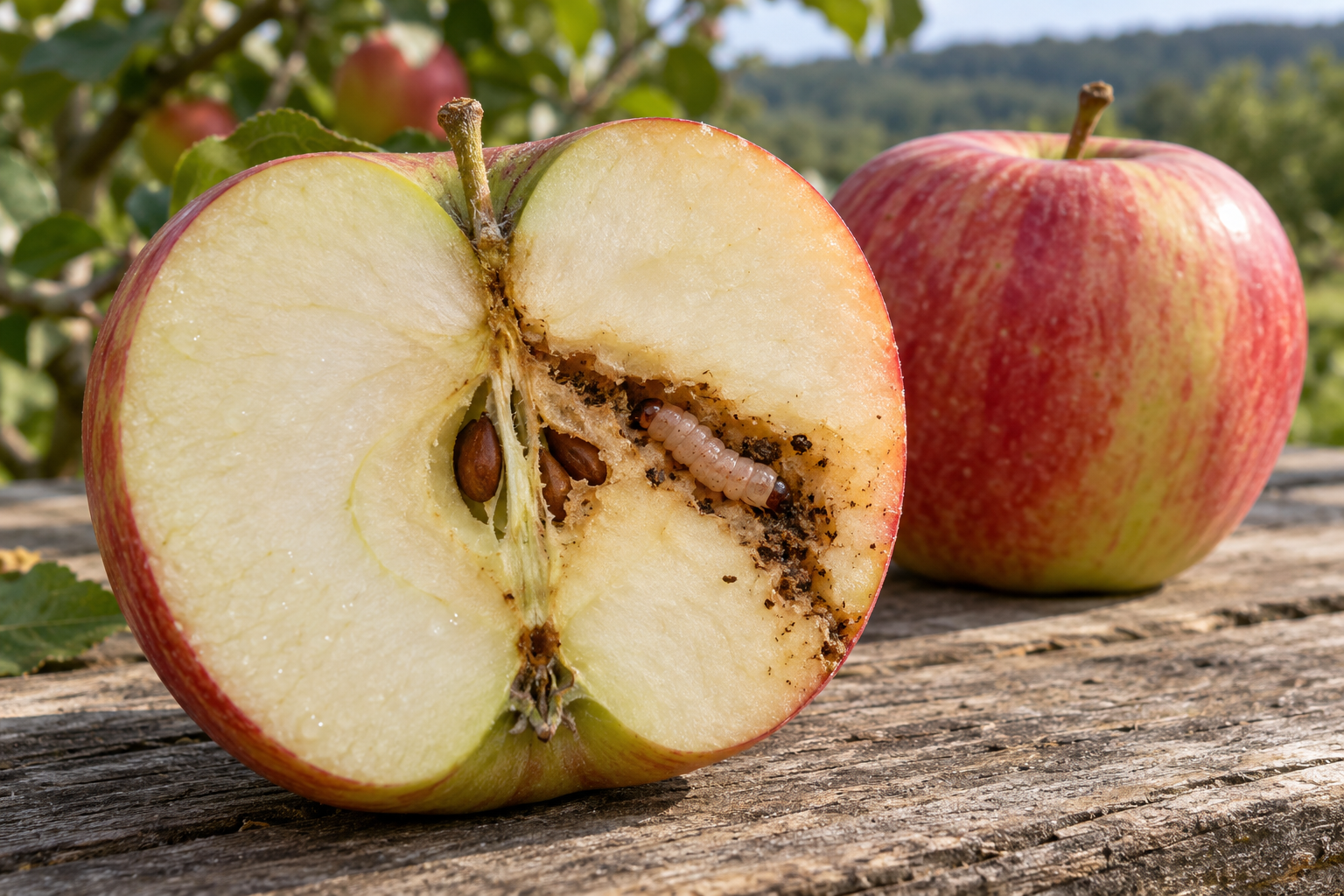 Cut apple revealing a caterpillar and feeding tunnel near the core.