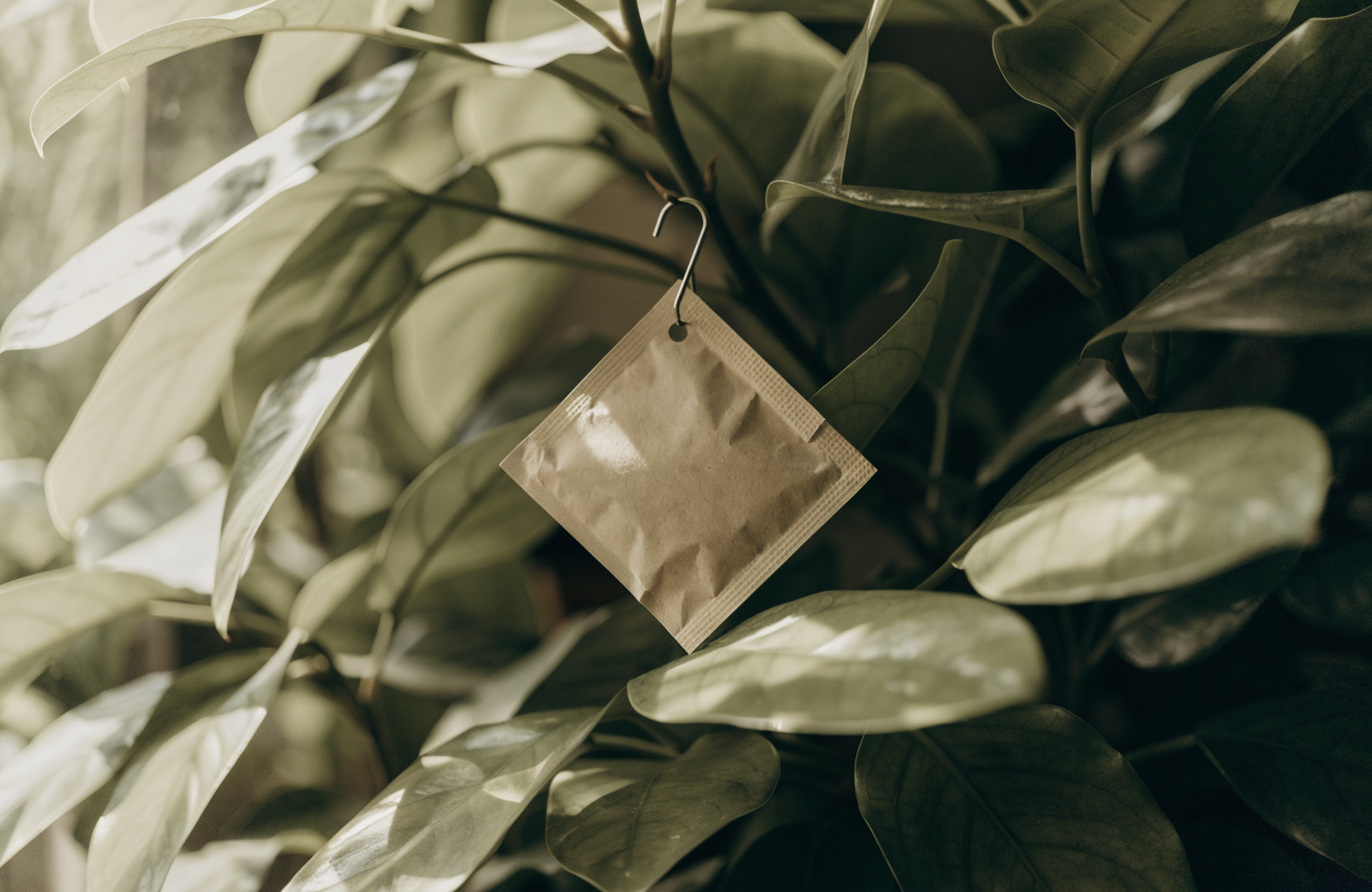A paper predatory mite sachet hanging from a stem deep inside a houseplant's leaf canopy, shaded by the surrounding foliage