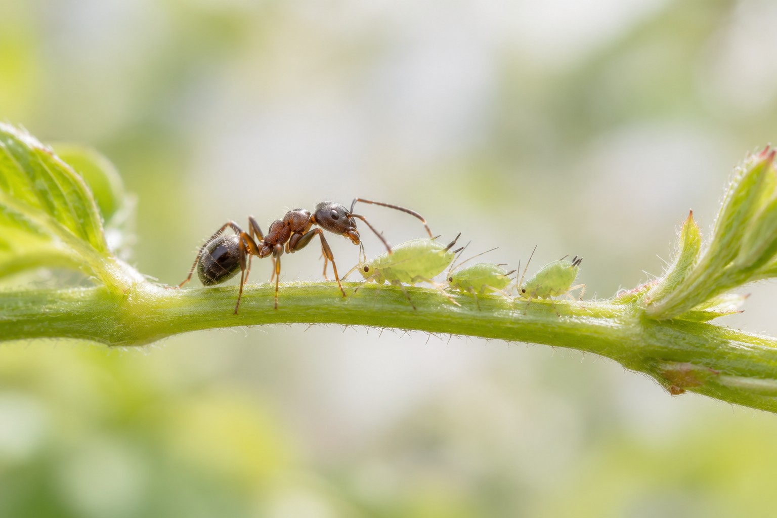 A dark ant beside green aphids on a tender plant stem.