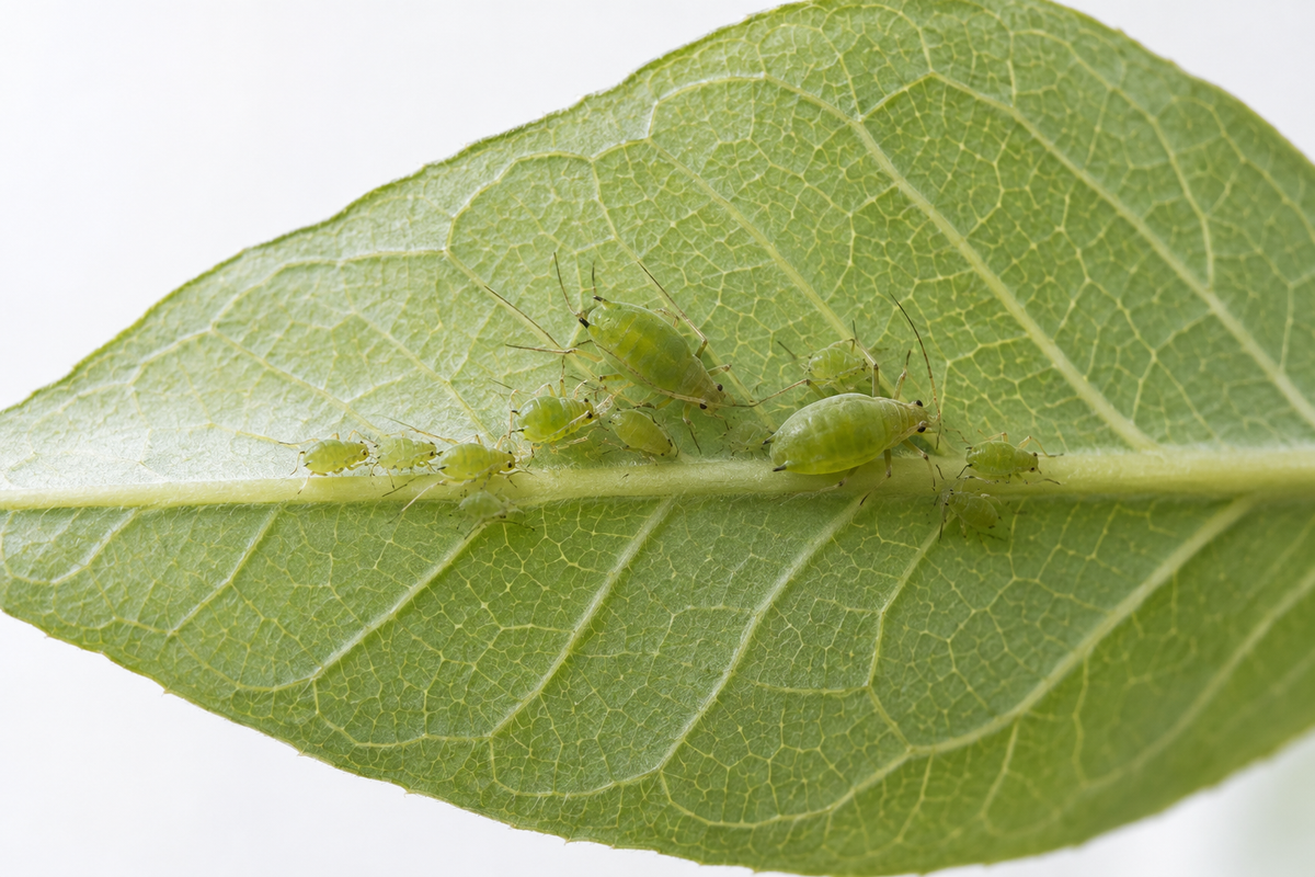 Green aphids along a leaf underside and midrib.